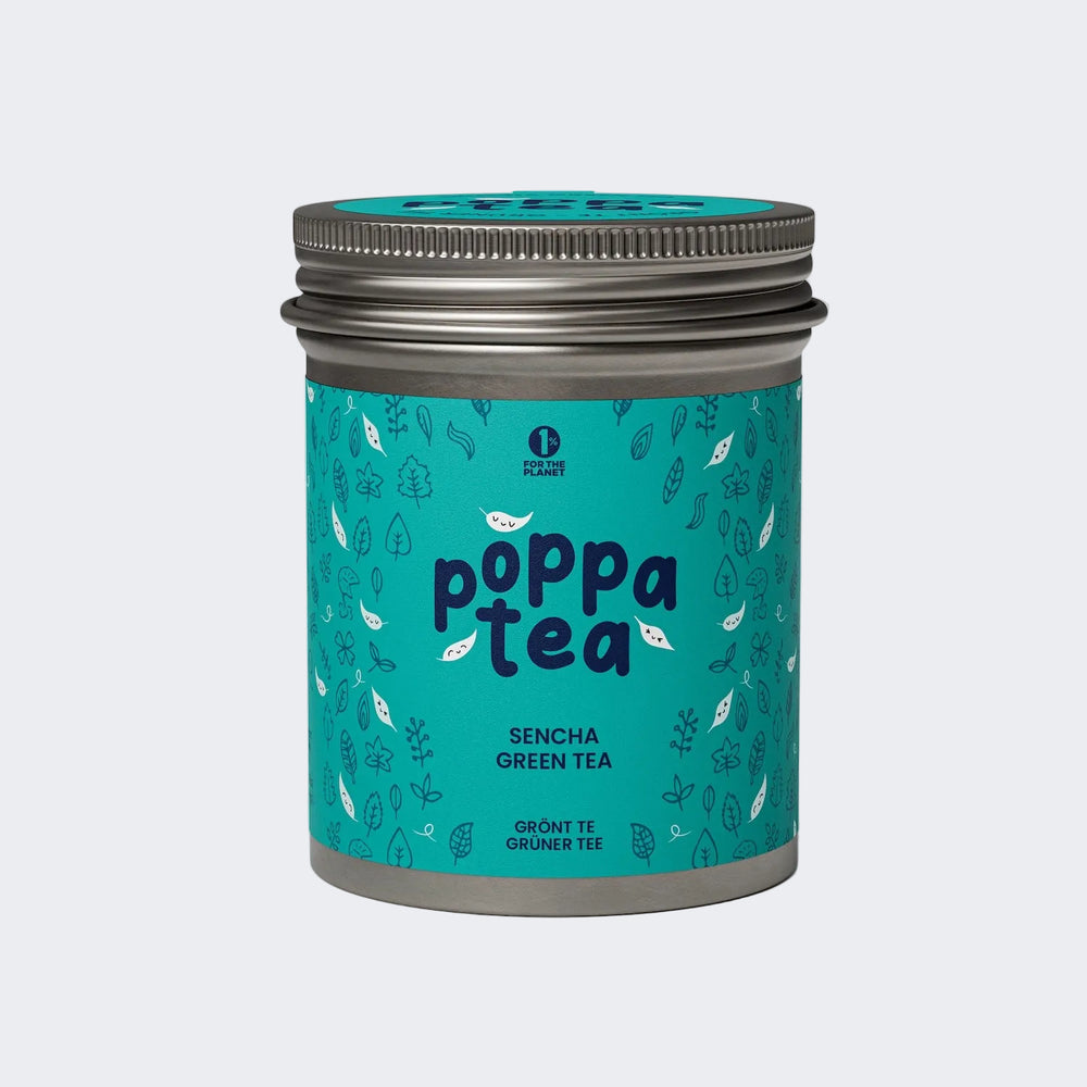 PoppaTea Sencha Green tea tin on a white background