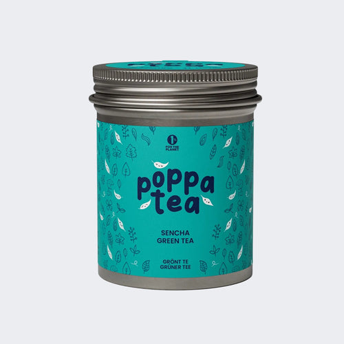 PoppaTea Sencha Green tea tin on a white background