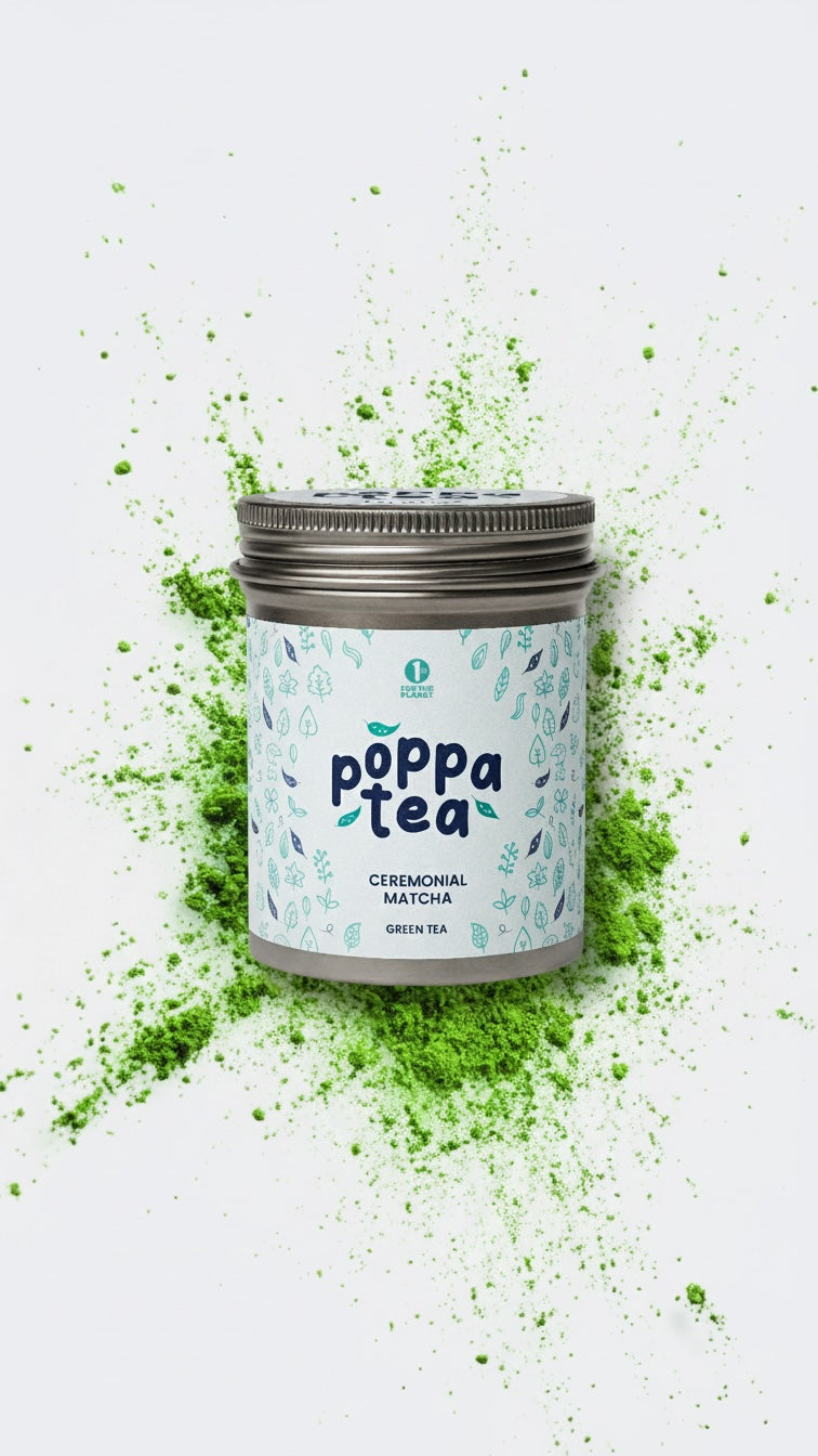 tin of poppatea ceremonial matcha surrounded by the loose vibrant green tea powder