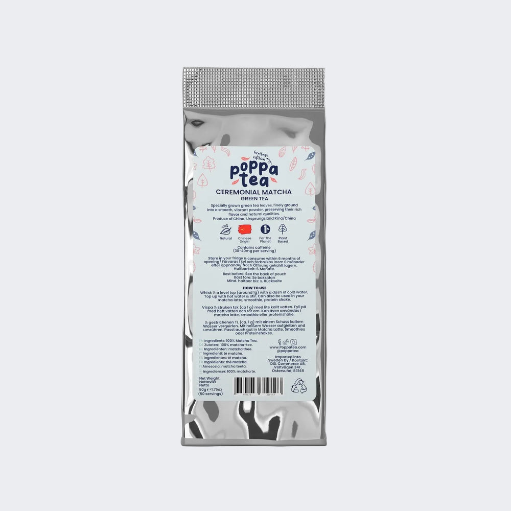 Poppa Tea ceremonial matcha green tea heritage edition refill pouch packaging on a white background