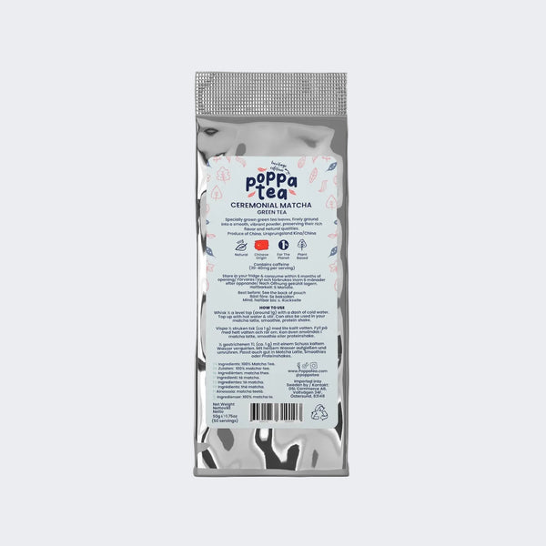 Poppa Tea ceremonial matcha green tea heritage edition refill pouch packaging on a white background