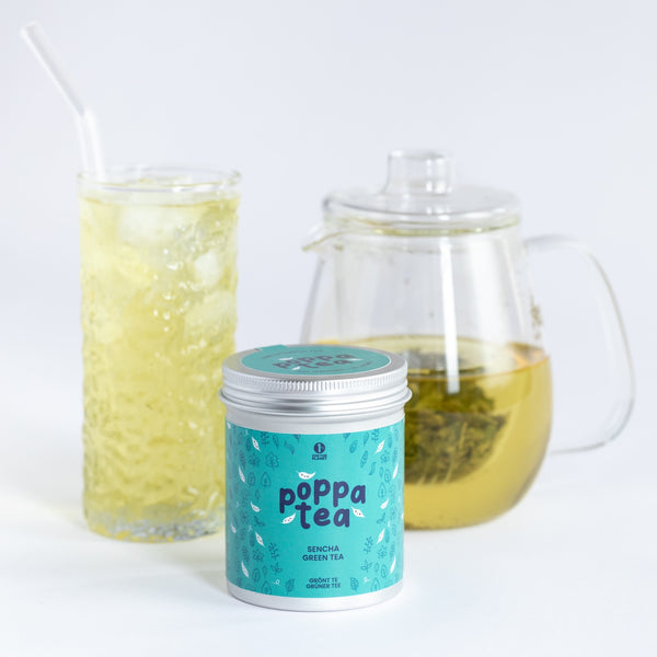 poppatea sencha green tea made into a hot tea and an iced tea in clear glass