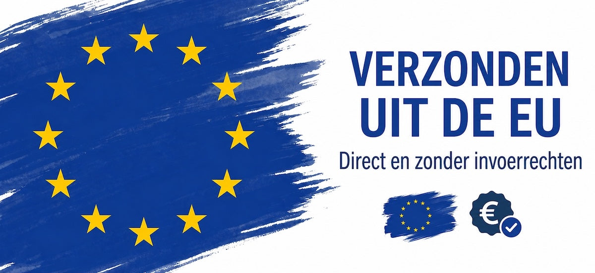 A promotional graphic with a blue brushstroke-style EU flag on the left and Dutch text reading 'VERZONDEN UIT DE EU' and 'Direct en zonder invoerrechten,' plus small euro symbols on a white background.