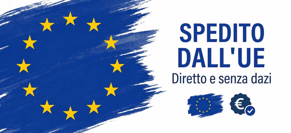 Italian promotional graphic with a blue brushstroke-style EU flag on the left and the text 'SPEDITO DALL'UE' and 'Diretto e senza dazi' on a white background, plus small EU flag and euro coin icons.