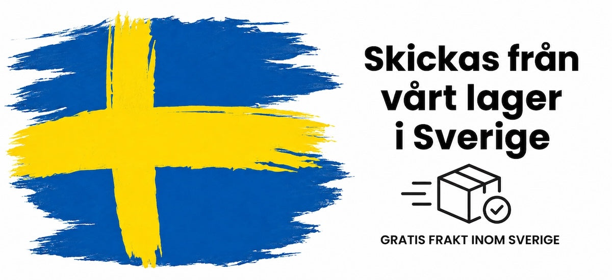 A promotional graphic with a blue and yellow Swedish flag painted in a brushstroke style on the left, black Swedish text reading 'Skickas från vårt lager i Sverige' on the right, a small package icon, and 'GRATIS FRAKT INOM SVERIGE' at the bottom on a white background.